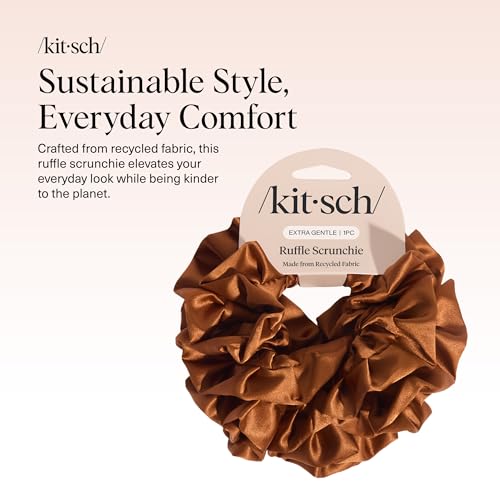 Image of Kitsch Recycled Satin Ruffle Scrunchie - Gentle Hair Scrunchie for Women, Eco-Friendly Hair Tie No Damage, Stylish Ponytail Holder | Ideal Gifts for Women - Camel