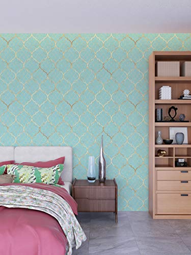 Image of DWELLSINDIA Light Cyan Moroccan Mosaic Wallpaper for Home Wall Decor | Self Adhesive Peel & Stick, Thick Textured Premium Paper | Waterproof, Scratch Resistant | Bathroom & Hallway | 41 x 244 cm