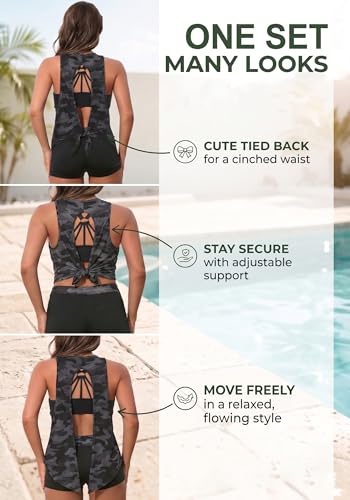Image of Aqua Eve 3 Piece Tankini Swimsuit for Women Tank Bathing Suit with Shorts Open Back Athletic Swimwear