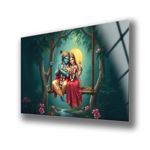 Radha Krishna Wall Art Glass Print – Hindu God Love Couple Swing Painting – Spiritual Indian Mythology Home Decor for Living Room Bedroom - Spiritual Gift (13.7