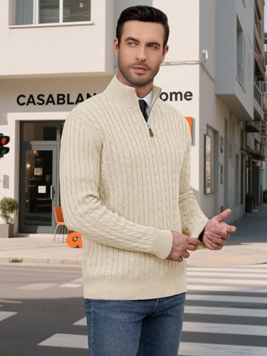 Auxo Men's Quarter Zip Pullover Sweater Cable Knit Casual Stand Collar Texture Knitted Sweaters3