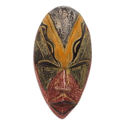 NOVICA Red and Yellow Carved Wooden African Wall Mask from Ghana, Stunning Amahle' (292563)