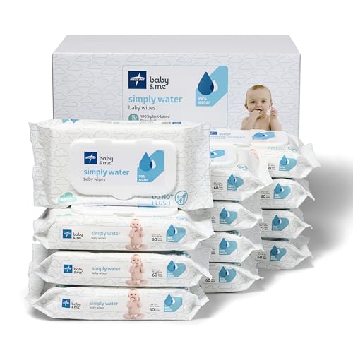 Image of Medline Simply Water Baby Wipes, 99% Water Solution Wipes, 100% Plant-Based Bamboo Fiber Cloth, 60 Count (Pack of 12)