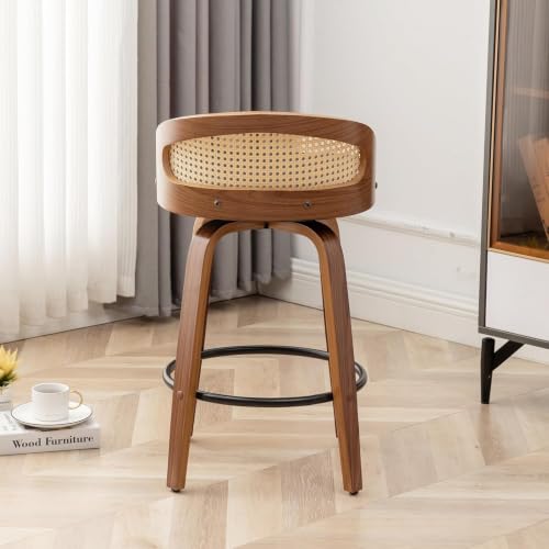 Image of Swivel Rattan Bar Stools Set of 2 with Back,Black Leather barstool chairs