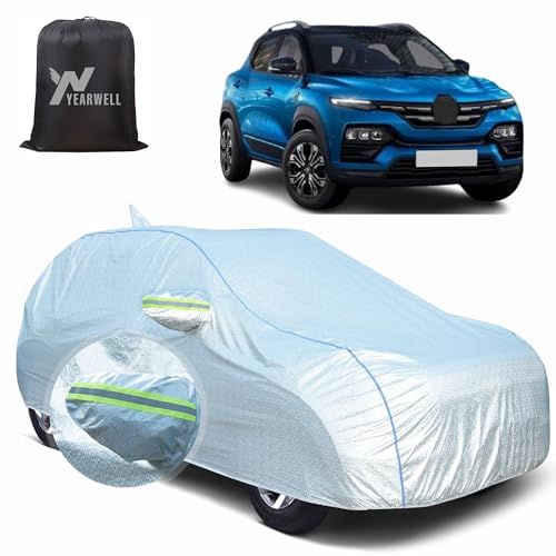 Image of Car Body Cover for Renault Kwid, 100% Waterproof, Heat-Resistant with Mirror & Antenna Pockets, Soft Cotton Lining, Triple Stitched, Piping & Reflector (Reflective Silver)