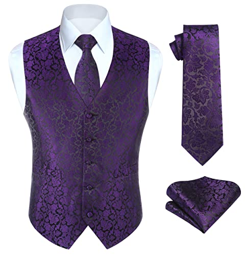 Image of HISDERN Mens Vest Tie Set 3PC Formal Waistcoat Paisley Floral Jacquard Necktie Pocket Square Suit Vests Wedding Party