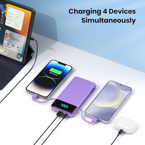 Image of Portable Charger Power Bank for iPhone with Built-in Cables and AC Wall Plug, 13800mAh Ultra Slim Travel Essentials,USB C Fast Charging External Battery Pack for iPhone 17 /16 /13,Galaxy,Android-Purple