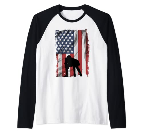 Football lineman USA Flag Left. Tackle Raglan Baseball Tee, Black