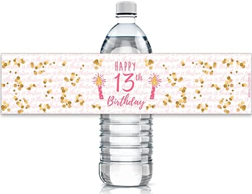 Girls 13th Birthday Party Water Bottle Labels, Pink and Gold (24 Stickers)