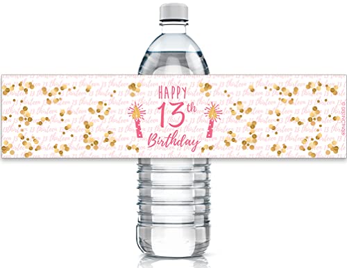 Girls 13Th Birthday Party Water Bottle Labels, Pink And Gold (24 Stickers) #TOP11