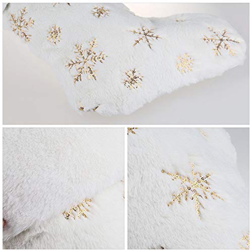 Deggod 2 Pack Snowy White Christmas Stockings With Faux Fur, Plush 22 Inches Xmas Stocking With Gold Embroidered Snowflake Hanging Ornaments For Home Xmas Party Decoration #TOP2