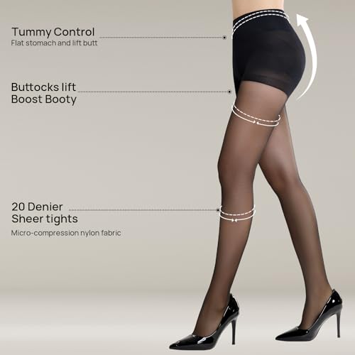 Image of MANZI Control Top Pantyhose for Women 2 Pairs 20D Sheer Soft High Waist Tights Tummy Control Support Stockings
