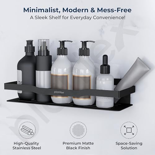 Image of Plantex Self Adhesive Bathroom Shelf /Stainless Steel Bathroom Organiser /Wall Adhesive Shelf /No Drill Bathroom Shelves /Kitchen Organizer-Pack of 1(12x4 Inch, Black)