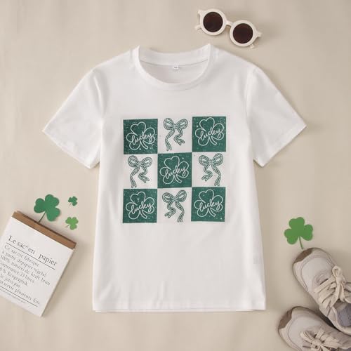 Image of Kid Girls St. Patricks Day Shirts Bow Lucky T-Shirt Shamrock Tees Clover Short Sleeve Tops Irish Outfits 7-12 Years