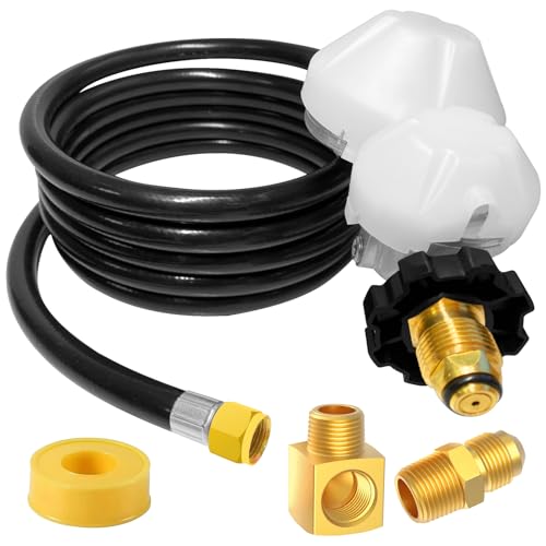 12FT F273684 Propane Hose with 2-Stage Regulator, POL Fitting, 3/8in MP x 3/8in MF Fitting & 3/8in Female x 3/8in Male Street Elbow, for Vent-Free Heater, RV, Stove, Generators, Grills Etc.