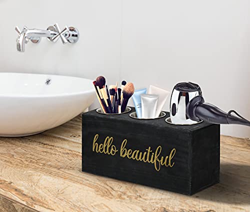 Rustic Wood Hair Dryer Holder Wall Mounted, Wooden Hair Tools and Styling Supplies Organizer, Vintage Bathroom Organizer Countertop for Curling Iron, Hair Styling Tools & Accessories Organizer