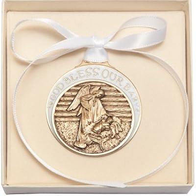 Gold Oxide Baby in Manger Crib Medal with White Ribbon - Boxed