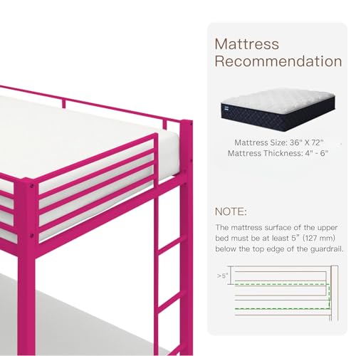 Image of Metal Bunk Bed for Adults and Kids, Sturdy Steel Frame with Guard Rails (3 X 6 Ft) | Pink | Space Saving Design | DIY Assembly for Home and Bedroom