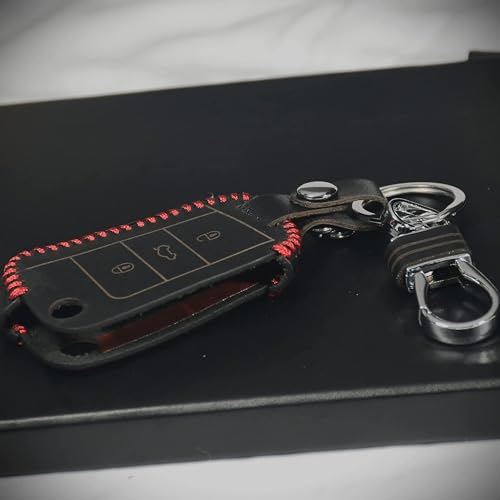 Image of Leather Car Key Cover with Key Chain for Skoda Superb, Octavia, Volkswagen Jetta, Passat, Tiguan (Black)
