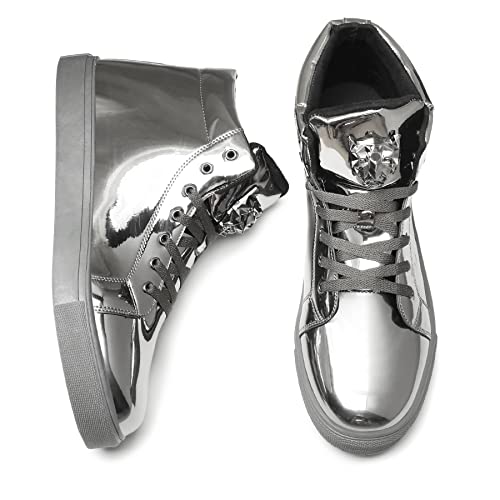 Igxx Men's Sneakers Punk Ankle Boots For Men Metal Rivet High Top Lace-Up Running Basketball Shoes For Shiny Metal Decoration Shoes Motorcycle Boots Silver #TOP3