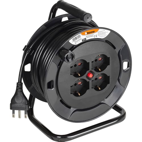 BTICINO Avvolgicavo Elettrico S2615, Prolunga Elettrica 15 Metri, 4 Prese Polivalenti Schuko Bipasso, Spina Grande 16A, Interruttore Termico, Maniglia Ergonomica, Ferma Cavo, Full Black