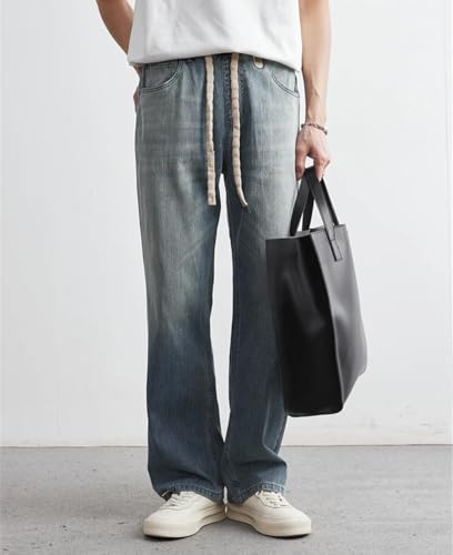 Men's Japanese Style Retro Jeans Elastic Waist Loose Straight Casual Denim Pants 5