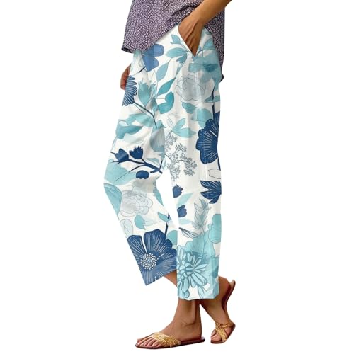 Lin pantalon pour femmes imprimé droit taille haute bleu clair 4XL