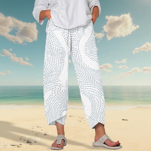 Image of DMOYALA Linen Pants for Women Summer Casual Wide Leg Capri Pants Loose Fit Palazzo Pants Cropped Beach Pants with Pockets