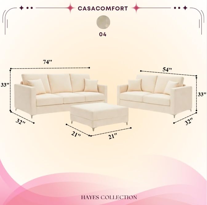 Image of Hayes Rich Velvet Suede 3 Seater + 2 Seater Sofa Set with Ottoman | Golden Aesthetic Legs | 6 Person Seating Capacity | Spacious Soft Touch Comfort | Modern Living Room Sofa - Cream