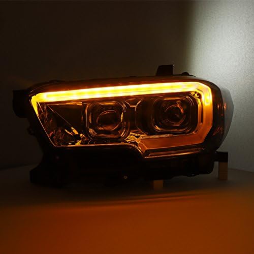 Close-up of the AKKON headlight with the amber sequential turn signal illuminated, showcasing the dynamic indicator.