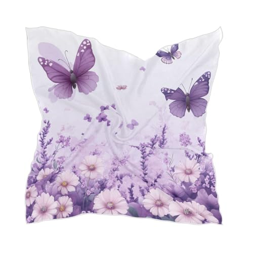 siphylline Pañuelo de seda con flores moradas y mariposas florales para primavera, bufanda de seda ligera para mujer, para el cuello, bufandas para mujer, Flores moradas, mariposas florales,