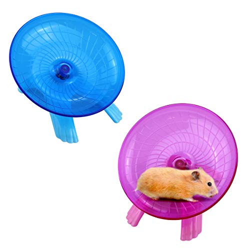 BILLIOTEAM 2 Pcs Hamster Silent Exercise Wheel, Flying Saucer, Running Wheel for Rat, Mouse, Hedgehog, Gerbil and Other Small Animals, Hamster Toys Cage Accessories (Pink & Blue)