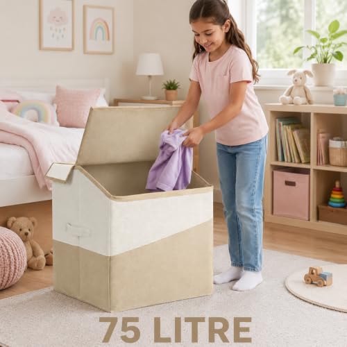 Image of 75 Liter Non Woven Laundry Basket with 2 Side Pockets for Socks and Handkerchief |Foldable Clothes Storage Bin Organizer for Dirty Clothes, Kids Toys, Bedroom & Bathroom (white beige)