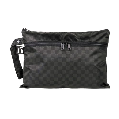 Image of Bumkins Roamio Waterproof Wet Dry Clutch Bag for Baby, Travel, Swim Suits, Cloth Diapers, Pump Parts, Pool, Gym Clothes, Toiletry, Hook to Stroller, Pack for Daycare, Zip Bag Pouch, Black Check