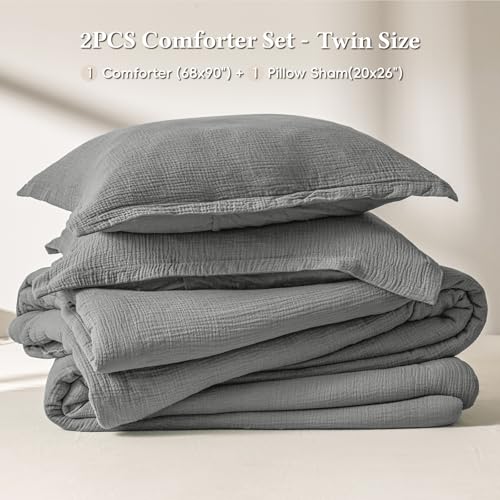 Image of David's Home Cotton Muslin Comforter Set Twin Size, 100% Cotton Cover Ultra-Soft Breathable Lightweight Skin-Friendly for Spring Summer, 2PCS Linen Like Gauze Bedding Set with Polyester Filling, Grey