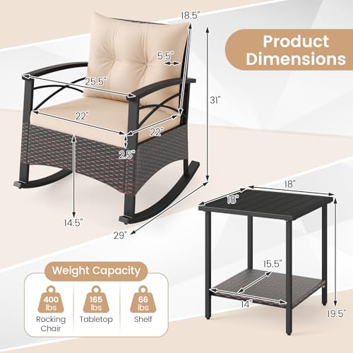 Image of Tangkula 3 Pieces Wicker Outdoor Rocking Chairs Set | Heavy Duty | Cushioned | Rattan Rocker Bistro Set w / 2-Tier Tempered Glass Coffee Table for Garden, Balcony, Backyard