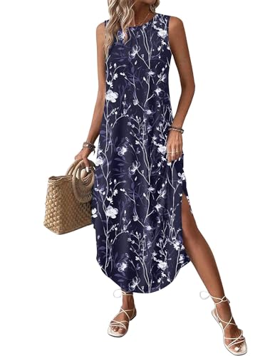 Image of Zeagoo Women Floral Summer Casual Beach Printed Tank Dress with Pockets Pleated Front Long Dress