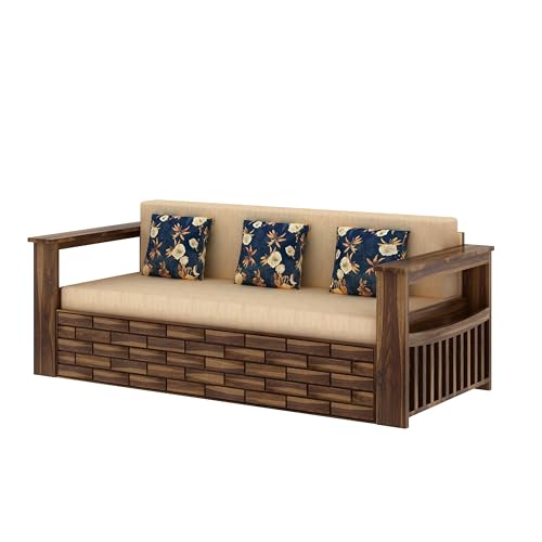 Image of Ganpati Arts Italian Solid Sheesham Wood 3 Seater Sofa Cum Bed with Side Pockets for Storage and Fabric at Back Wooden Sofa Furniture for Living Room Home (Teak Finish)