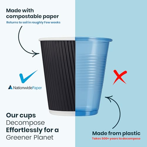 Nationwide Paper Coffee Cups with Lids, Insulated Ripple Hot Paper Cups, Disposable Cups for Takeaway Hot Drinks, Black (8oz-50 Pcs, Black) - Image 2