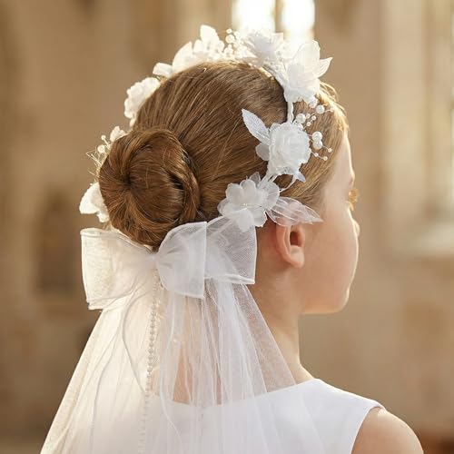Zidoley Accessoires pour cheveux de jeunes filles en première communion, coiffe de mariage, accessoires de coiffure de mariée avec fleurs blanches, couronne...
