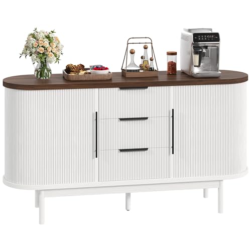 55" DWVO Fluted Sideboard Buffet Storage Cabinet w/ 3 Drawers & Sliding Door