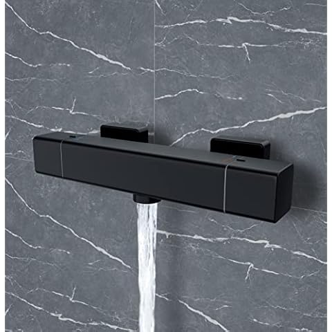 HOMVIVA® Thermostatic Shower Mixer Tap,Modern Square Wall Mounted Shower Mixer Bar,Brass Diverter Valve,Anti Scald Hot Cold Water Mixer Intelligent Constant Temperature Control Matte Black Cover