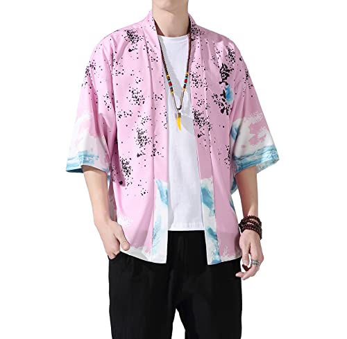 Image of PRIJOUHE Men's Lightweight Kimono Jacket Seven Sleeve Open Front Cardigan Coat Japanese Style Bathrobe