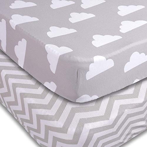 Playard Sheets, 2 Pack Fitted Soft Jersey Cotton Playpen Sheet, Bedding with Unisex Clouds and Chevron Design, Fits Standard Pack n Play Mattress for Babies and Toddlers