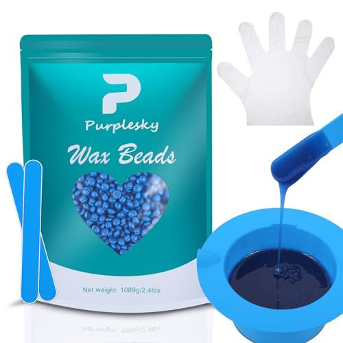 PURPESKY Wax Beads Bulk, 2.4lbs Hard Waxing Beans for Hair Removal, Brazilian Coarse Wax for Face, Leg, Bikini, Home Waxing Kit with Collapsible Bowl/Pot &amp; Collapsible Bowl (Sea salt)