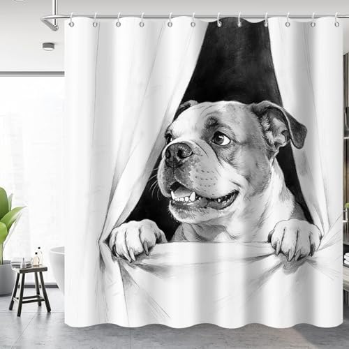 GCIREC Duschvorhang, 180x200cm, Lustige Bulldogge Schwarz Weiß Schöner H& Tier Abstrakt Wasserdichter Stoff Maschinenwaschbarer Badezimmervorhang mit Haken