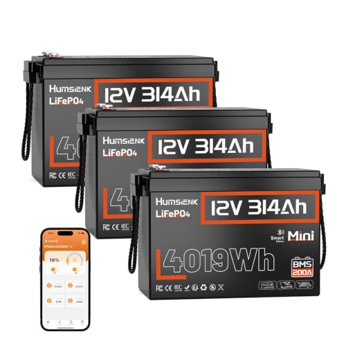 Image of HumsiENK 3 Pack 12V 300Ah (314Ah) LiFePO4 Lithium Battery with Bluetooth