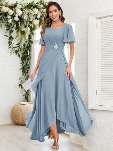 BONOYUER Chiffon Mother of The Bride Dresses for Women with Sleeves V Neck Beaded Formal Wedding Guest Dress2