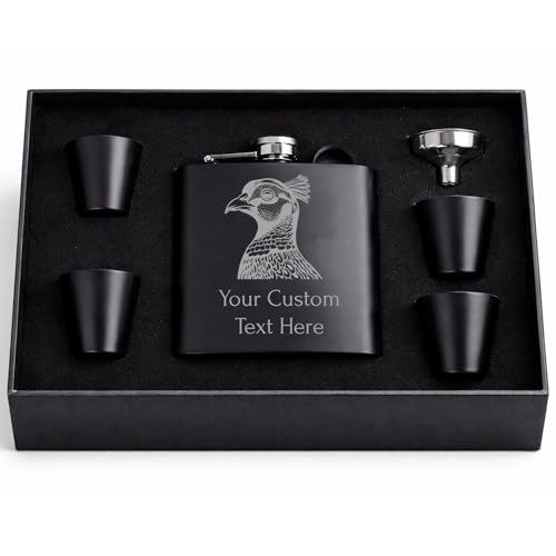 Personalized Pheasant Laser Engraved Flask – 6 oz Stainless Steel Hip Drinking Matte Black Flask, Box, Shot Glasses, Funnel - Custom Name, Customized Text, Gift Laser Etched, Gift for Him, Her