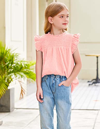 Flypigs Girls Summer Dressy Chiffon Blouses Crew Neck Ruffle Sleeve Tunic Tops Cute Flowy Casual Loose T-Shirts Pink 10-11 Years #TOP1